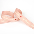 Pink grosgrain cotton ribbon with 'handmade with' heart print and white stitched edges - Grosgrain Pink Handmade (#44)
