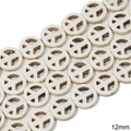 Cuentas planas de 12 mm color beige con signo de paz y acabado texturizado natural - Signo de la paz / 12mm (1 Tira/Paquete, aprox. 32 uds)