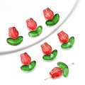 Red tulip shaped glass beads with green leaves for DIY jewelry making and handmade crafts - Red