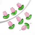 Pink and green glass tulip beads for DIY jewelry making featuring translucent petals - Rose Red