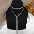 Sparkling silver rhinestone choker and long fringe pendant necklace set for formal wear - Silver (JXJL21093)