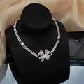 Close-up of double-layer necklace with pink heart gems and rhinestone butterfly pendant - Pink Heart Bowknot Double Layer Necklace (JXJL21098)