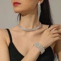 Luxury rhinestone jewelry set with layered choker, fringe earrings and wide bracelet - 3-Row Rhinestone 3-Piece Set with Tassel Earrings