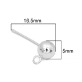 Silver 5mm ball stud earrings with hanging loop for DIY jewelry making 16.5mm pin - Post Thickness Approx. 0.8mm / 2 Pcs/Set / Silver Plated (16.5mm)