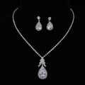 Elegant silver teardrop zircon necklace and earring jewelry set on black model - 水滴水钻项链耳环两件套