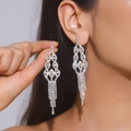 Detail of silver tassel drop earrings with sparkling rhinestones for evening wear - Silver Upper Geometric Hollow Lower Irregular Tassel Earrings JXER82S
