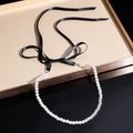 Floral crystal beaded pearl necklace with black silk ribbon bow tie for women - White Faux Pearl