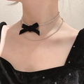 Collar gargantilla de doble capa con lazo de terciopelo negro y cadena de strass brillante - Estilo de Doble Capa con Lazo / Plateado y Negro