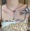 Close-up of double-layer silver metal necklace with purple ring and square pendant - Purple