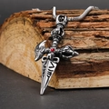 Retro punk titanium steel pendant necklace with vajra pestle and red gem on wood - Steel Color Pendant, No Chain