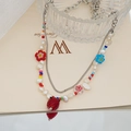 Collier double rang avec perles d'eau douce, billes de verre colorées et pendentif fraise - Style Double Rang Perles Fraise Fleur (JXJL-63)