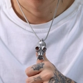 Detail shot of vintage punk wolf skull pendant on a box chain with antique silver finish - Pendant Only (Without Chain) (Steel Color)