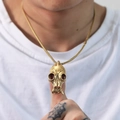 Close-up of golden stainless steel animal skull pendant necklace on a white t-shirt - Pendant Only (Without Chain) (Gold Color)