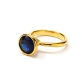 Close-up of a blue round zircon stone set in an 18k gold plated titanium steel ring - Gold Dark Blue