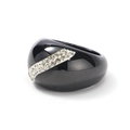 Polished black ceramic ring featuring a sleek diagonal row of sparkling rhinestones - Black with White Rhinestones