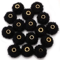 Set of 16 black faux mink fur pompom beads with gold metal eyelets for DIY crafts - Faux Teddy Fur Style / 5 Pieces / Black