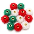 Faux teddy rabbit fur pom-pom beads with large metal holes in red, green, and white - Faux Teddy Fur Style / 10 Pieces Pack / Christmas Colors