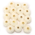 Cream white faux mink fur pompom beads with gold metal eyelets for DIY jewelry making - Faux Rabbit Fur Style / 5 Pieces / Beige
