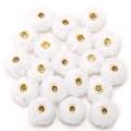 White faux teddy fur pompom beads with golden metal eyelets for DIY jewelry making - Faux Rabbit Fur Style / 5 Pieces / White