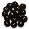 Faux mink fur pompom beads in black with gold metal grommets for DIY jewelry making - Faux Rabbit Fur Style / 5 Pieces / Black