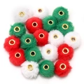 DIY plush faux fur pom-pom beads with gold metal centers in red white and green - Faux Rabbit Fur Style / 10 Pieces Pack / Christmas Colors