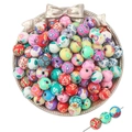 Perles colorées en pâte polymère de 6mm avec motifs floraux pour bijoux faits main - Perles Rondes Multicolores (Mélange Aléatoire) / 10mm (20 Pièces/Paquet)