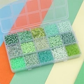 DIY bead set in 15-grid box with assorted green glass seed beads and tube beads - Fruit Green Series (15 Grid Box)
