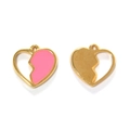Macro detail of gold-plated 304 stainless steel heart charms with pink enamel inlay - Pink Enamel Puzzle Heart Pendant (TP1635-02-pink)