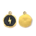 304 stainless steel golden round charms with black enamel and bolt symbol for DIY jewelry - Gold Metal - Black Enamel