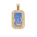 Golden 304 stainless steel tarot pendant with blue enamel flame design and crystals - Fire Flame Emblem (TP0630-02)