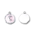 Stainless steel round pendant with pink pearlescent moon relief and silver finish - Silver Border Pink Moon (TP1092-01-pink)