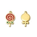 Lollipop hanger van goudkleurig roestvrij staal met rood email en groene strik - Lolly Stijl (TP1110-02-red)