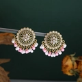 Close-up of vintage golden floral drop earrings with pink and white beaded tassels - Pink and White Beaded Drop (WEH6345) / Pink Beads Antique Gold