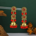 Orecchini Jhumka dorati in stile indiano con perline rosse e pendenti a forma di gabbia - Rosso (Strass & Perline Rossi) Oro Antico