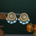 Detail of ethnic round earrings with blue beads fringe and floral crystal inlay - Blue Beaded Tassel (WEH6345) / Lake Blue Beads Antique Gold