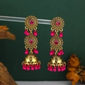 Orecchini indiani Jhumka vintage in metallo dorato con perline rosa e stile etnico bohémien - Rosa Rosso (Strass & Perline Rosa) Oro Antico