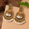 Detail of vintage ethnic drop earrings with antique gold finish and white bead tassels - Bell Shaped Jhumka Pendant (WEH6071) / Pearl White Beads Antique Gold