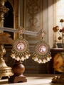 Detailed macro view of vintage gold earrings with pink gemstones and white pearls - Large Pink Round Faceted Gem (WEH6346) / White Beads Pink Rhinestone Antique Gold