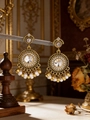 Macro detail of bohemian vintage gold earrings with zircon crystals and pearl tassels - Large Round Clear Crystal (WEH6346) / White Beads Antique Gold