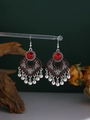 Detail of bohemian silver alloy earrings with red crystals and metallic bead tassels - Dark Red Round Faux Crystal (WEH6343) / Dark Red Rhinestone Antique Silver