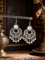 Close-up of bohemian silver drop earrings with faceted crystals and hanging beads - Round Faceted Clear Artificial Gem (WEH6343) / White Rhinestone Antique Silver