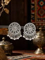 Detailed macro view of vintage silver mandala earrings with bead drops and rhinestones - Round Mandala Rhinestone (WEH6344) / White Rhinestone Antique Silver