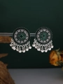 Detailed view of silver bohemian round earrings with green stones and fringe pendants - Dark Green Gemstone Tassel Feel (WEH6344) / Green Rhinestone Antique Silver