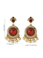 Detail view of retro red crystal earrings with gold beads and white faux pearls - Red Round Cut Faux Crystal (WEH6346) / White Beads Red Rhinestone Antique Gold