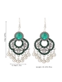 Detail view of silver boho earrings with green stone and measurements 7cm by 3.3cm - Round Green Main Stone with Dark Green Rhinestones (WEH6343) / Green Rhinestone Antique Silver