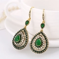 Vintage bohemian pear-shaped drop earrings with green crystals in antique gold finish - Green