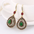 Vintage bohemian drop earrings with green crystal stone and colorful rhinestones in gold - Red+Green