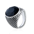 Vintage men's ring with a multifaceted black stone and textured silver-tone band - 17# / Black