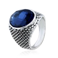 Vintage men's silver ring with oval blue gemstone and textured fish scale pattern - 17# / Ink Blue