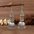 Antique silver Jhumka earrings with ethnic engraving and metal bead tassel details - Indian Jhumka Style (WEH6383) / Antique Silver